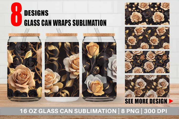 Glass Can Wraps 3D Gold Roses Pattern