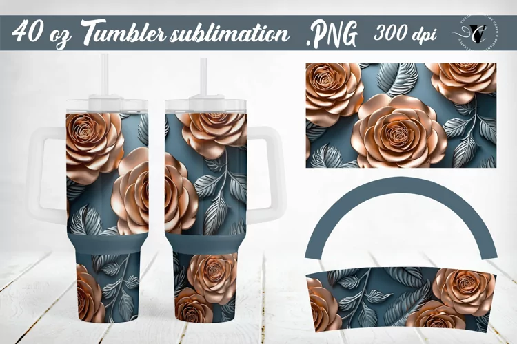 3D gold rose sublimation |40 oz 3D flowers Tumbler wrap
