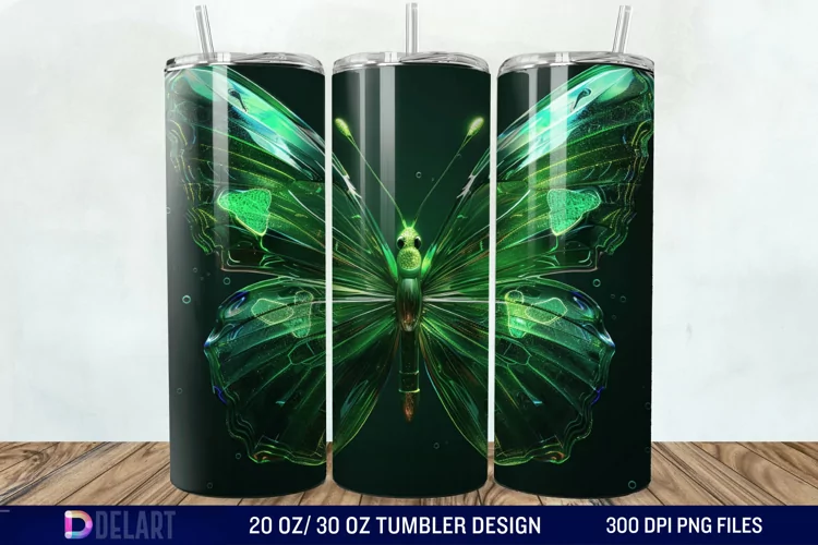 3D Green Butterfly Tumbler Wrap