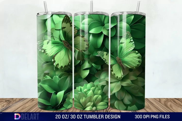 3D Green Flower Butterfly Tumbler Wrap