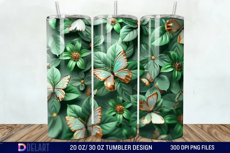 3D Green Flower Butterfly Tumbler Wrap