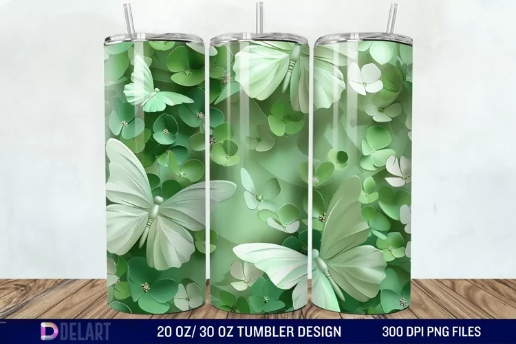 3D Green Flower Butterfly Tumbler Wrap