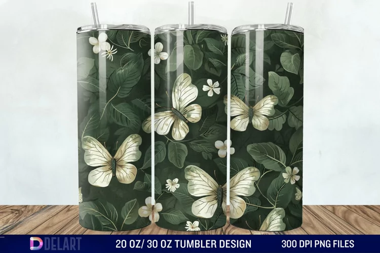 3D Green Flower Butterfly Tumbler Wrap