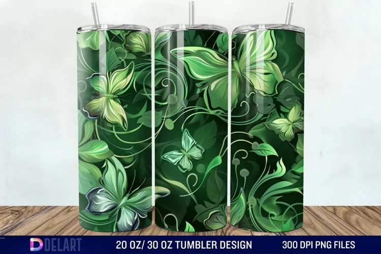 3D Green Flower Butterfly Tumbler Wrap