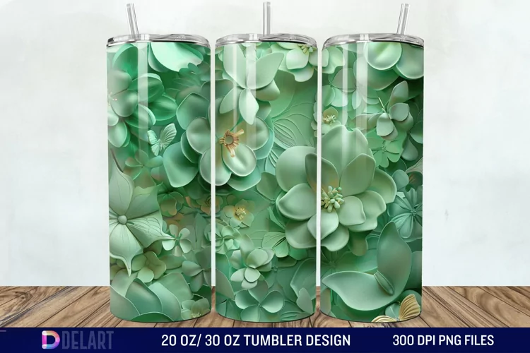 3D Green Flower Butterfly Tumbler Wrap
