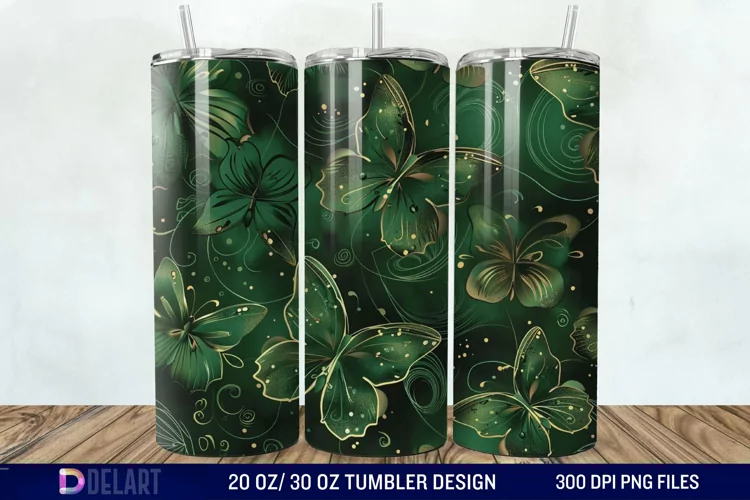 3D Green Flower Butterfly Tumbler Wrap