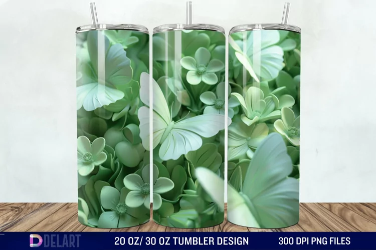 3D Green Flower Butterfly Tumbler Wrap