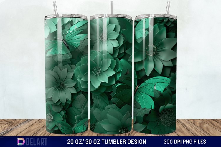 3D Green Flower Butterfly Tumbler Wrap example image 1