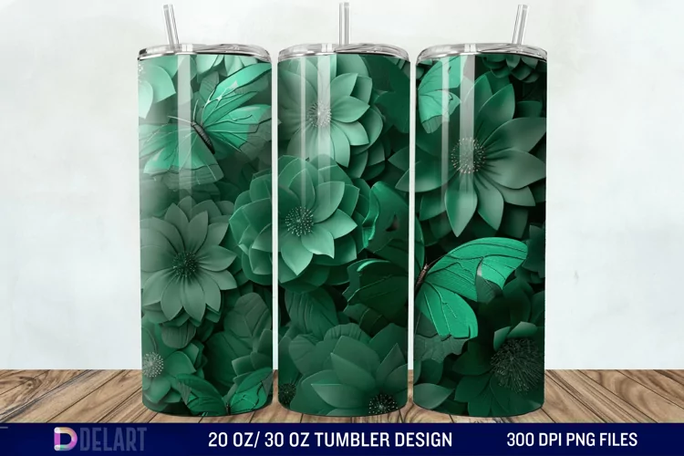 3D Green Flower Butterfly Tumbler Wrap