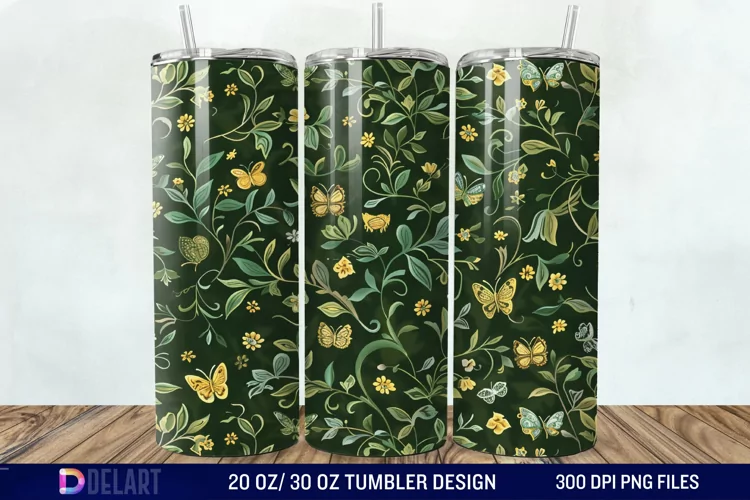 3D Green Flower Butterfly Tumbler Wrap
