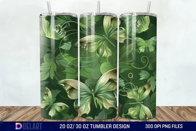 3D Green Flower Butterfly Tumbler Wrap