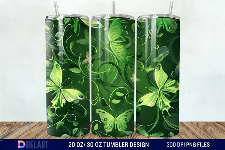 3D Green Flower Butterfly Tumbler Wrap
