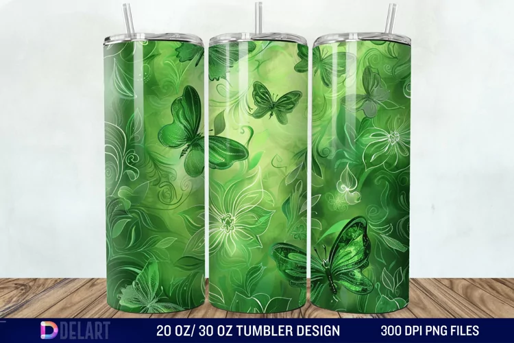 3D Green Flower Butterfly Tumbler Wrap