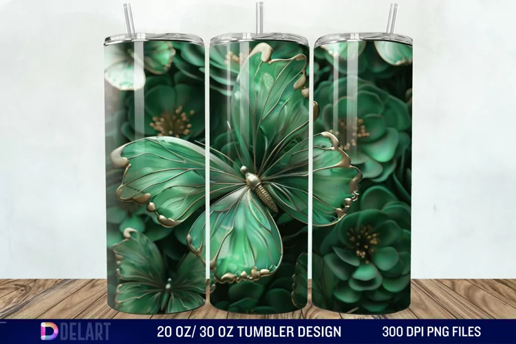 3D Green Flower Butterfly Tumbler Wrap