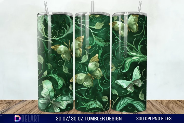 3D Green Flower Butterfly Tumbler Wrap