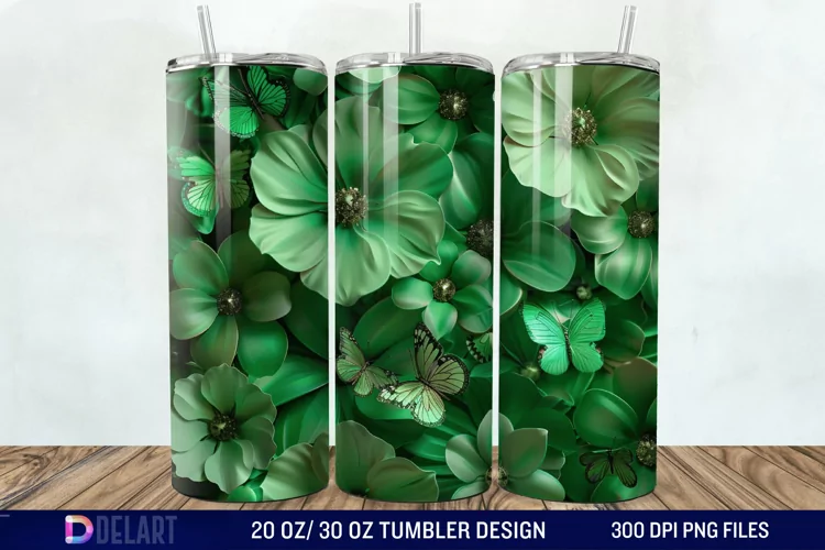 3D Green Flower Butterfly Tumbler Wrap