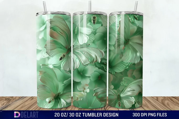 3D Green Flower Butterfly Tumbler Wrap