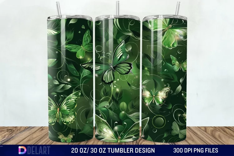 3D Green Flower Butterfly Tumbler Wrap