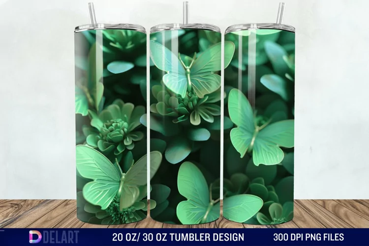 3D Green Flower Butterfly Tumbler Wrap