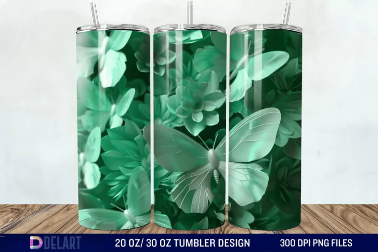 3D Green Flower Butterfly Tumbler Wrap