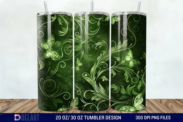 3D Green Flower Butterfly Tumbler Wrap