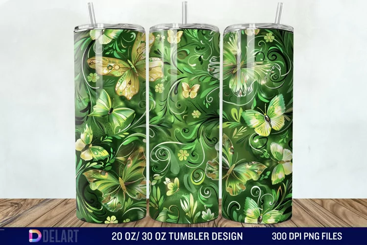 3D Green Flower Butterfly Tumbler Wrap