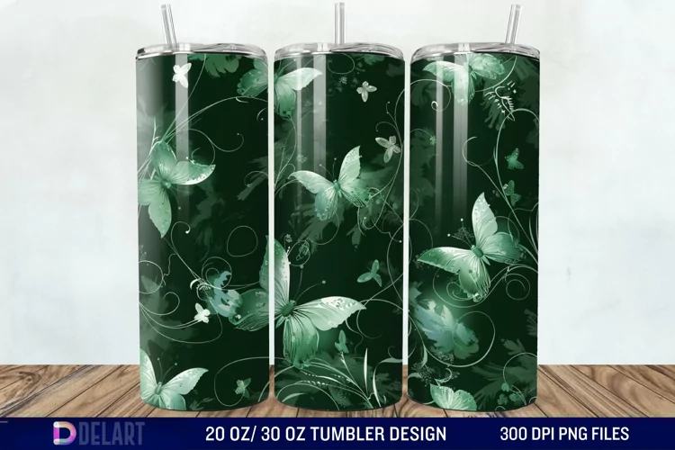 3D Green Flower Butterfly Tumbler Wrap