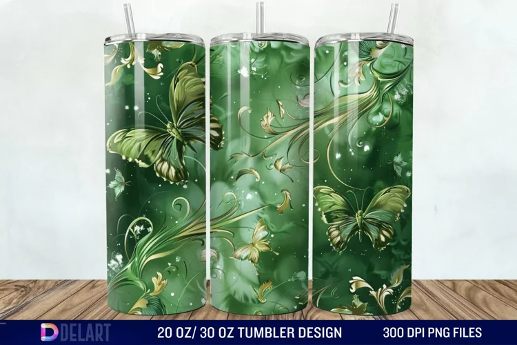 3D Green Flower Butterfly Tumbler Wrap
