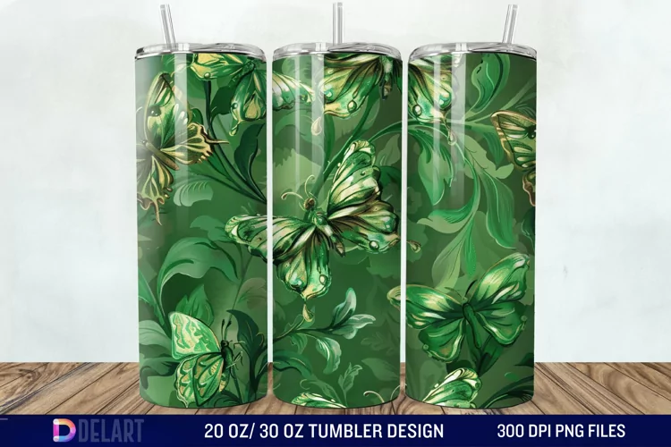 3D Green Flower Butterfly Tumbler Wrap