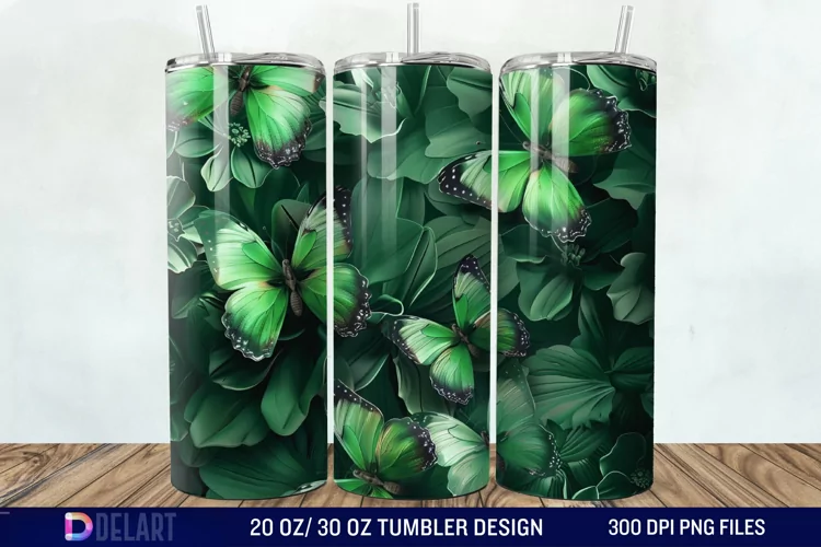 3D Green Flower Butterfly Tumbler Wrap