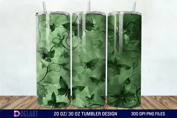 3D Green Flower Butterfly Tumbler Wrap