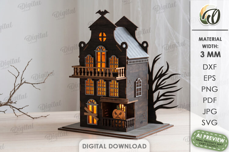 3D Halloween Haunted House Laser Cut. Candle Holder SVG example image 1