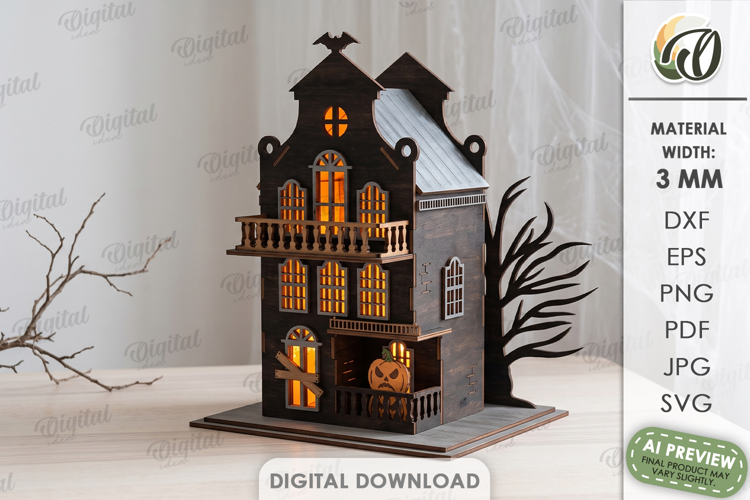 3D Halloween Haunted House Laser Cut. Candle Holder SVG