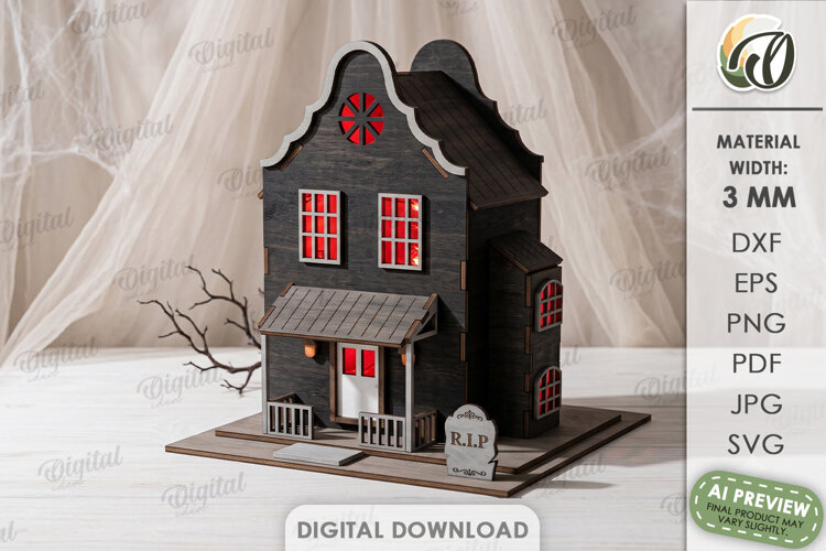 3D Halloween Haunted House Laser Cut. Candle Holder SVG example image 1