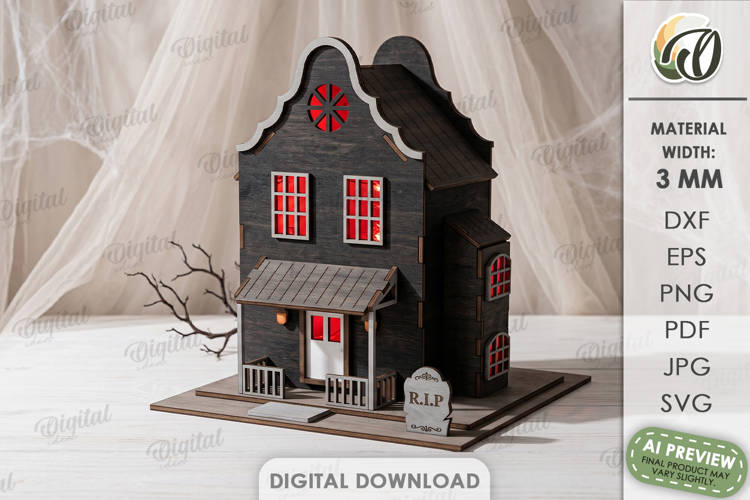 3D Halloween Haunted House Laser Cut. Candle Holder SVG