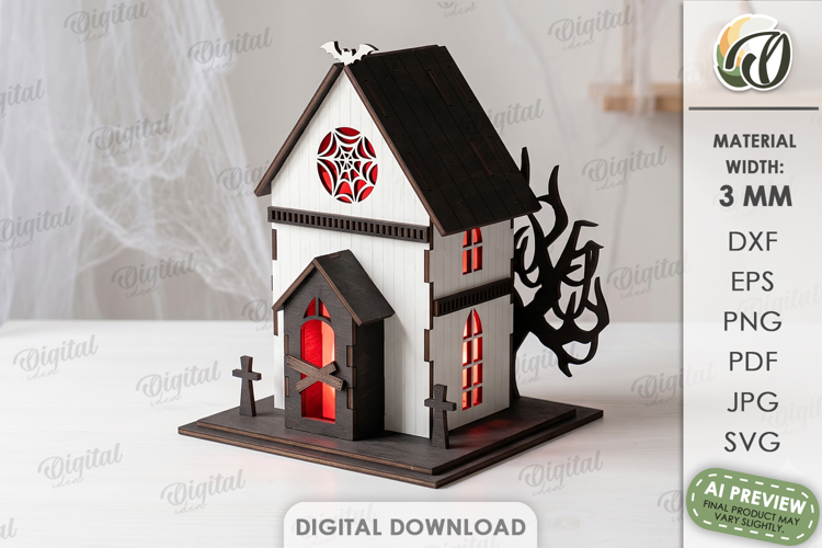 3D Halloween Haunted House Laser Cut. Candle Holder SVG