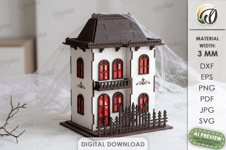 3D Halloween Haunted House Laser Cut. Candle Holder SVG