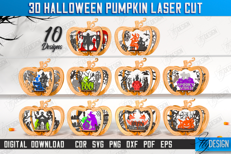 3D Halloween Pumpkin Laser Cut Bundle, Halloween Scene SVG