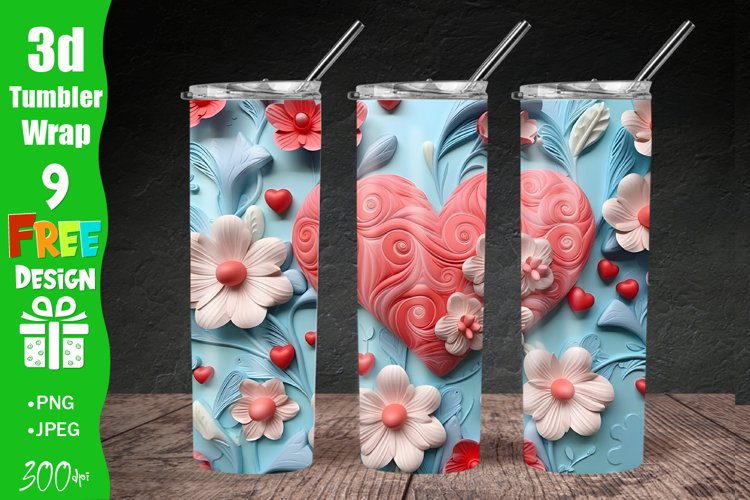 3D Heart Floral Tumbler Wrap, 3D Embroidered Heart Tumbler, 3D Floral Tumbler Wrap, Flower Tumbler Wrap PNG, 3D Embroidered Flowers 20 oz Tumbler, Full Wrap Tumbler