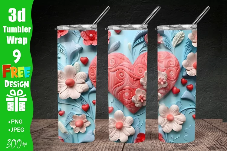 3D Heart Floral Tumbler, 3D 20oz Skinny Tumbler Sublimation