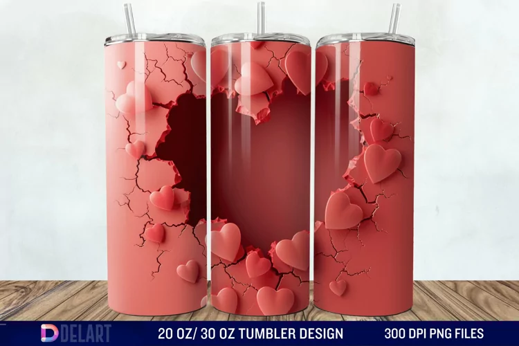 3D Heart Hole In A Wall Tumbler Wrap