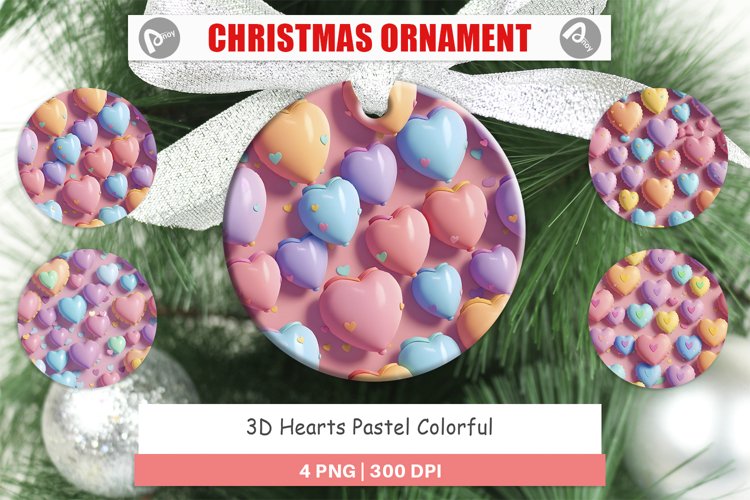 3D Hearts Pastel Colorful Christmas Ornaments