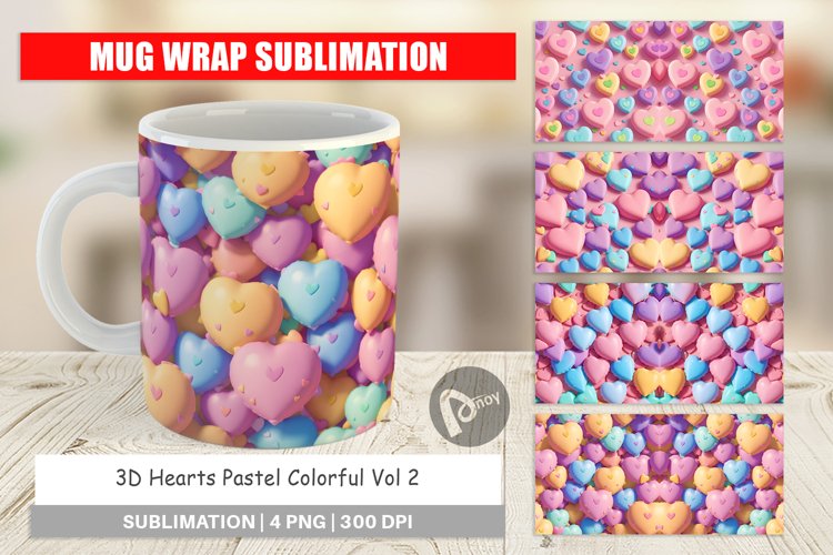 Mug sublimation design 3D Hearts Pastel Colorful