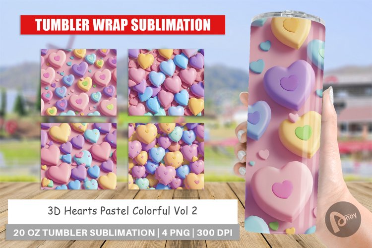 3D Hearts Pastel Colorful Tumbler Sublimation Wrap