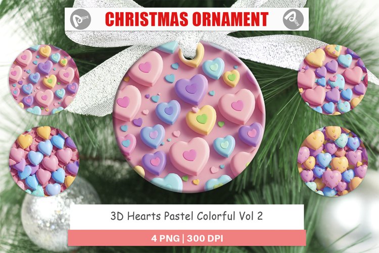 3D Hearts Pastel Colorful Christmas Ornaments