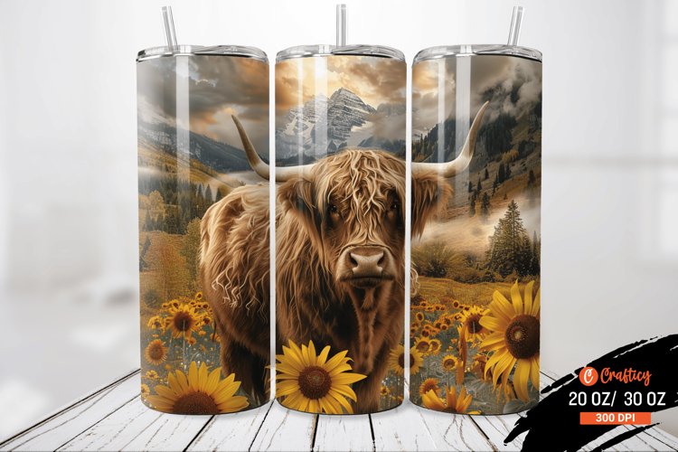 3D Highland cow western sunflower Tumbler wrap
