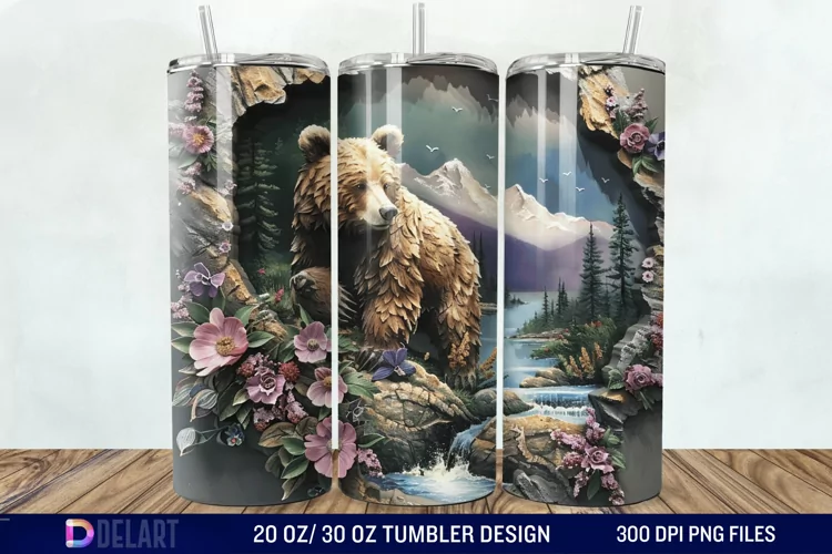 3D Hole In A Wall Bear Landscape Tumbler Wrap