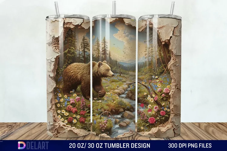 3D Hole In A Wall Bear Landscape Tumbler Wrap