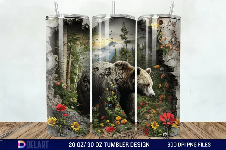 3D Hole In A Wall Bear Landscape Tumbler Wrap