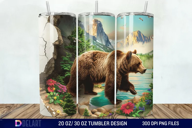 3D Hole In A Wall Bear Landscape Tumbler Wrap